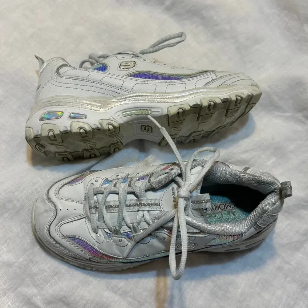 Skechers D'Lites white & silver Leather trainers iridescent, sparkly size 7.5